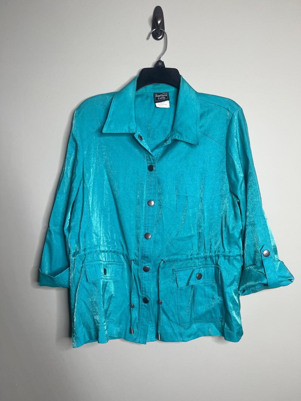 Southern Lady vintage Teal Shimmer Button Down Blouse 14